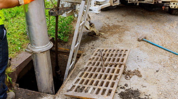 Verstopping in een buitenriolering met ophoping van water en modder in de afvoerbuis.